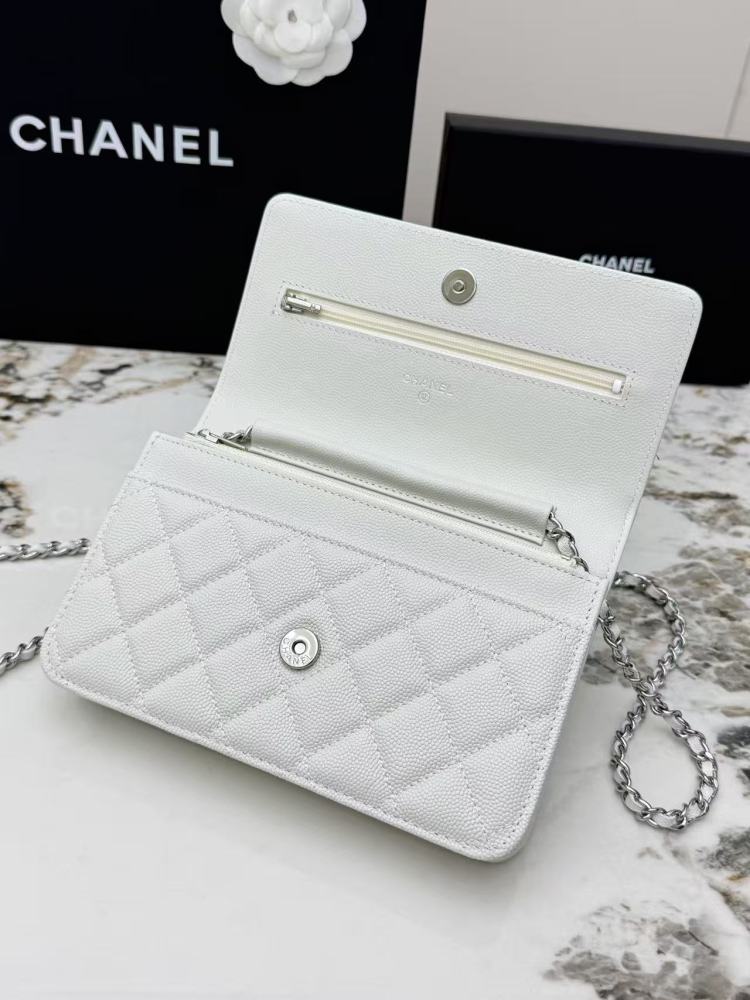 Chanel Wallet on Chain (WOC) crafted in white caviar leather with silver-tone hardware.