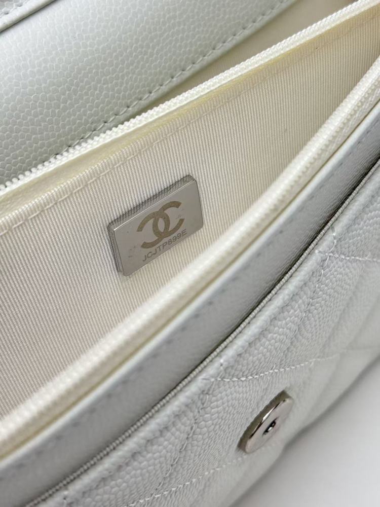 Chanel Wallet on Chain (WOC) crafted in white caviar leather with silver-tone hardware.