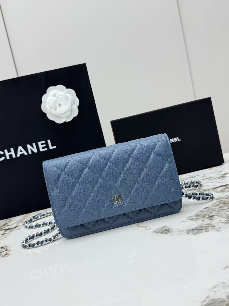 Chanel Wallet on Chain (WOC) crafted in haze blue caviar leather with silver-tone hardware.