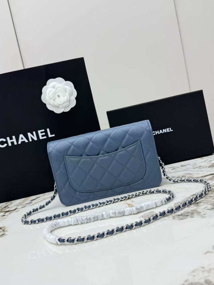 Chanel Wallet on Chain (WOC) crafted in haze blue caviar leather with silver-tone hardware.