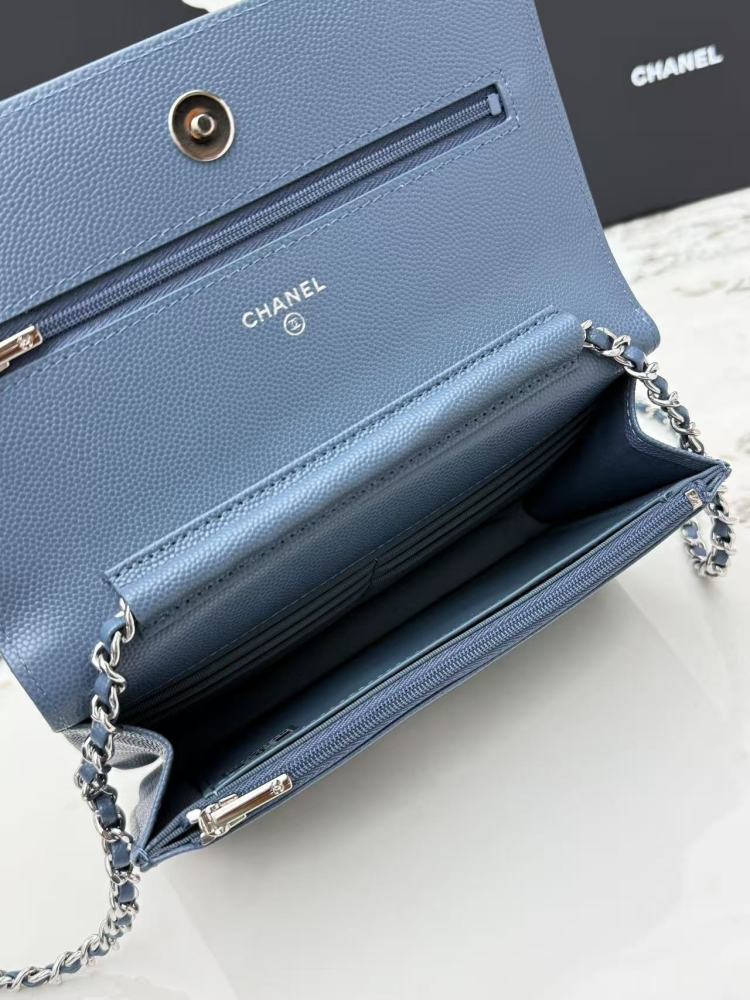Chanel Wallet on Chain (WOC) crafted in haze blue caviar leather with silver-tone hardware.