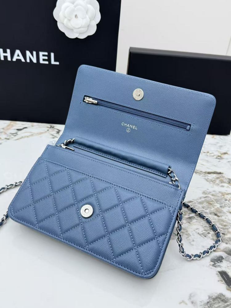Chanel Wallet on Chain (WOC) crafted in haze blue caviar leather with silver-tone hardware.