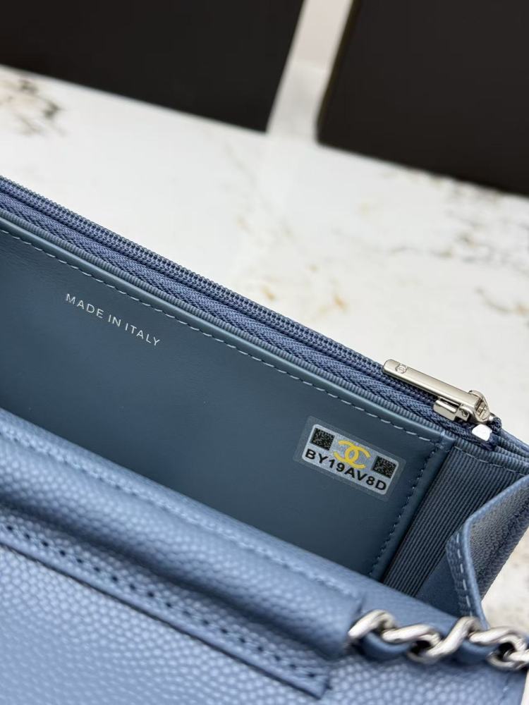 Chanel Wallet on Chain (WOC) crafted in haze blue caviar leather with silver-tone hardware.
