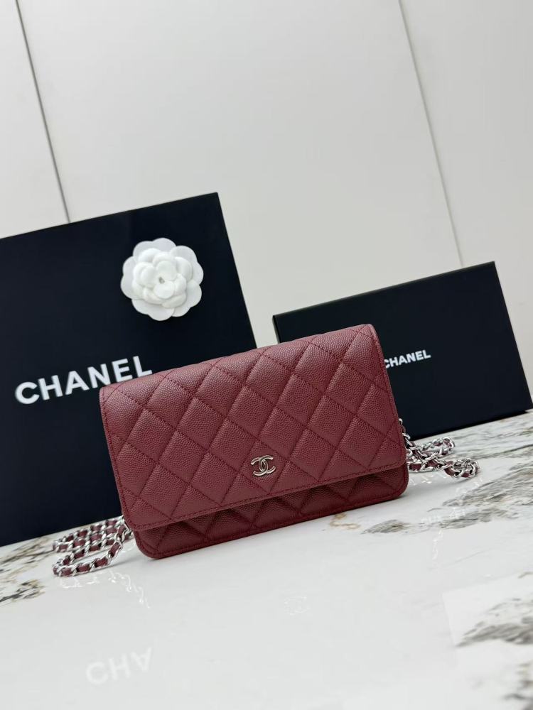 Chanel Wallet on Chain (WOC) crafted in burgundy caviar leather with silver-tone hardware.