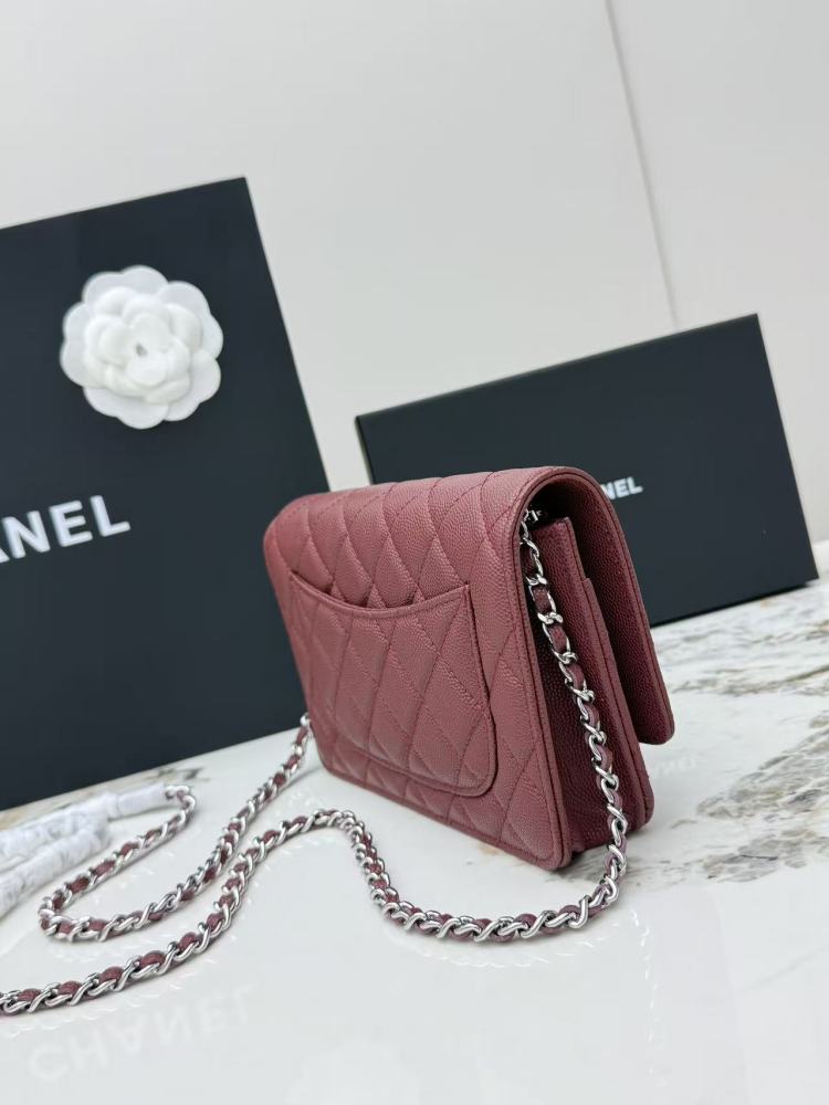 Chanel Wallet on Chain (WOC) crafted in burgundy caviar leather with silver-tone hardware.