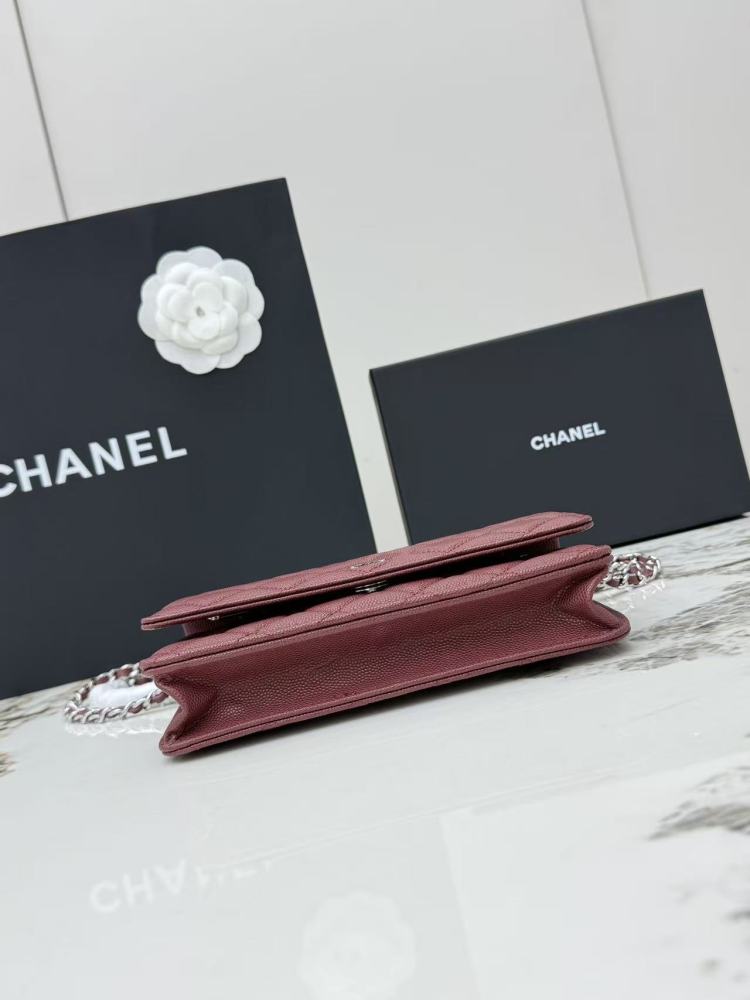 Chanel Wallet on Chain (WOC) crafted in burgundy caviar leather with silver-tone hardware.