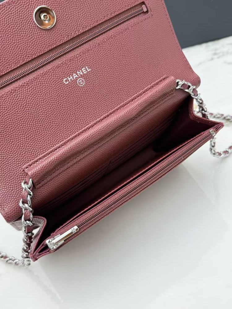 Chanel Wallet on Chain (WOC) crafted in burgundy caviar leather with silver-tone hardware.