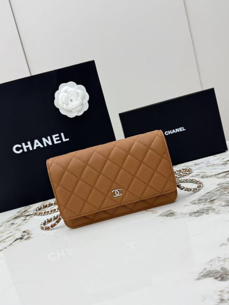 Chanel Wallet on Chain (WOC) crafted in caramel/camel caviar leather with silver-tone hardware.