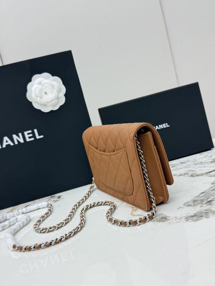Chanel Wallet on Chain (WOC) crafted in caramel/camel caviar leather with silver-tone hardware.