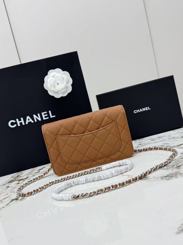 Chanel Wallet on Chain (WOC) crafted in caramel/camel caviar leather with silver-tone hardware.