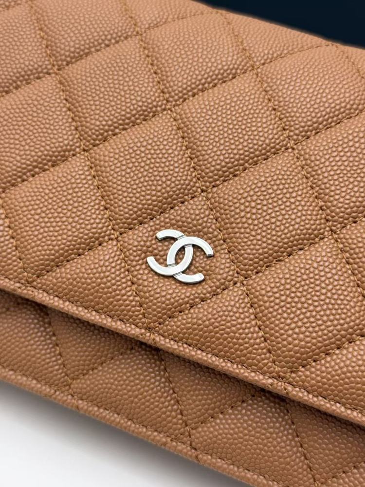 Chanel Wallet on Chain (WOC) crafted in caramel/camel caviar leather with silver-tone hardware.