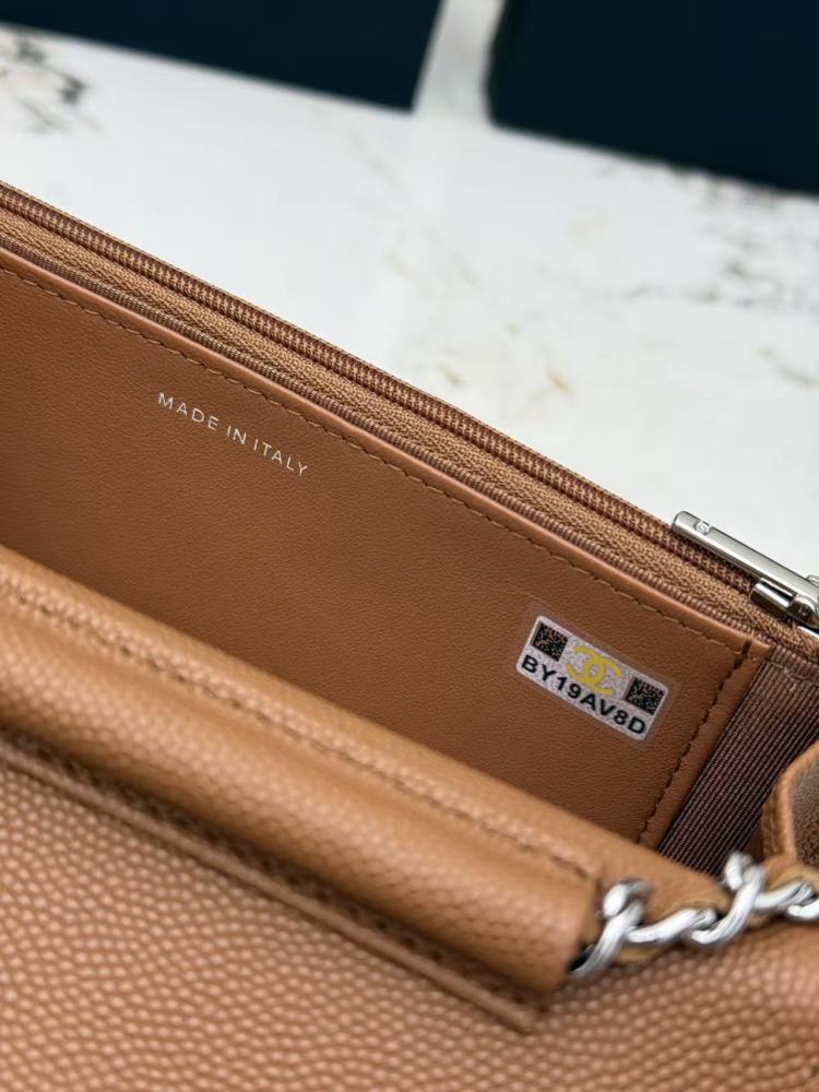 Chanel Wallet on Chain (WOC) crafted in caramel/camel caviar leather with silver-tone hardware.