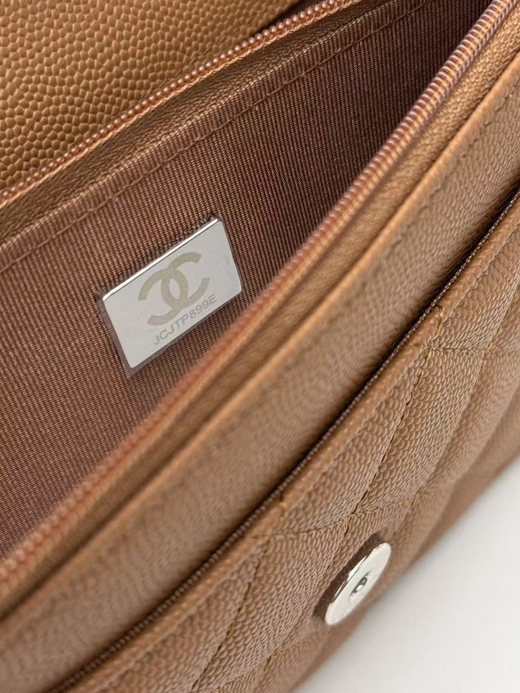Chanel Wallet on Chain (WOC) crafted in caramel/camel caviar leather with silver-tone hardware.