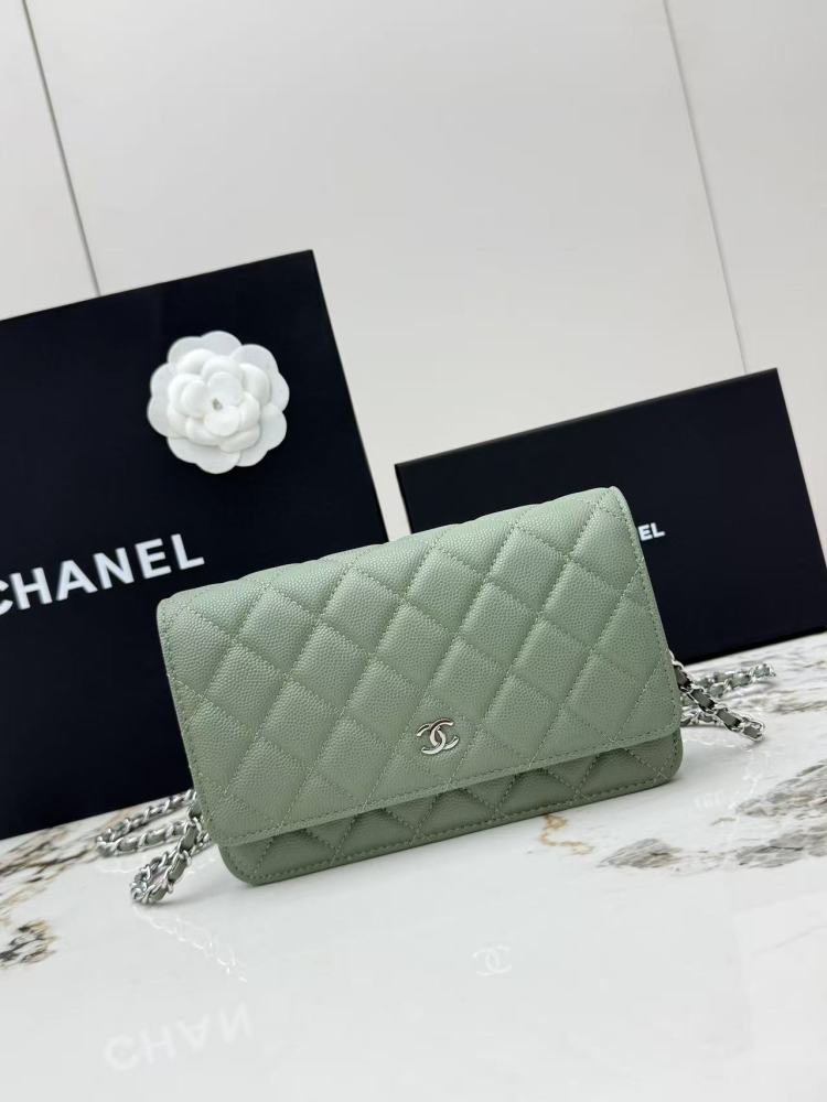 Chanel Wallet on Chain (WOC) crafted in sage green caviar leather with silver-tone hardware.