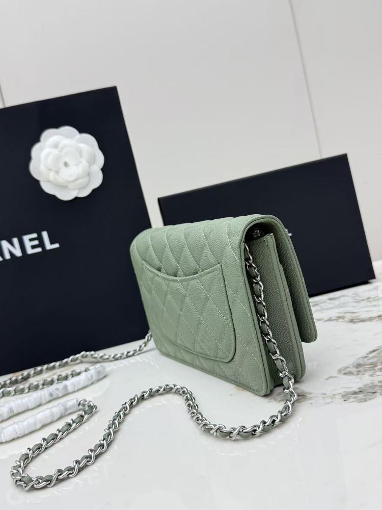 Chanel Wallet on Chain (WOC) crafted in sage green caviar leather with silver-tone hardware.