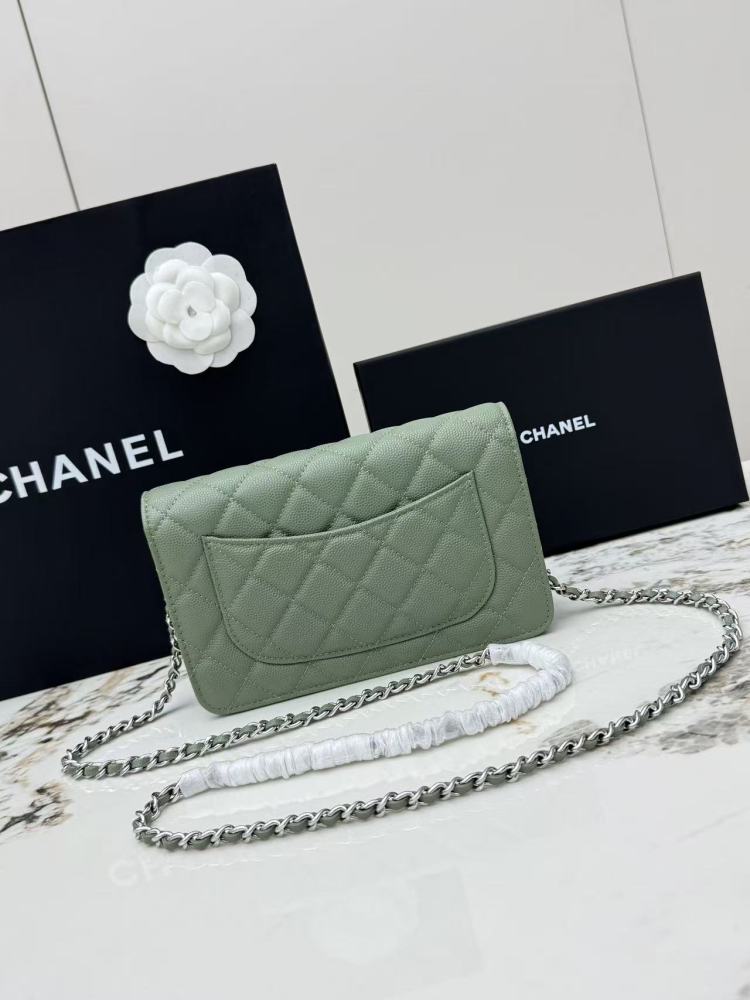Chanel Wallet on Chain (WOC) crafted in sage green caviar leather with silver-tone hardware.