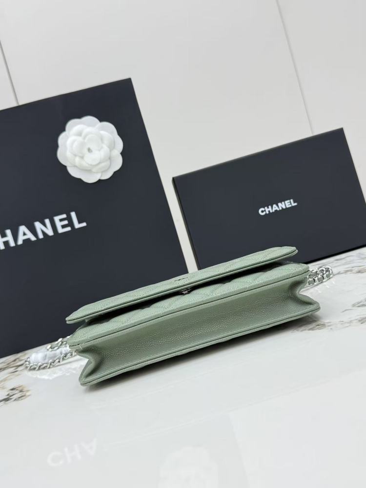 Chanel Wallet on Chain (WOC) crafted in sage green caviar leather with silver-tone hardware.