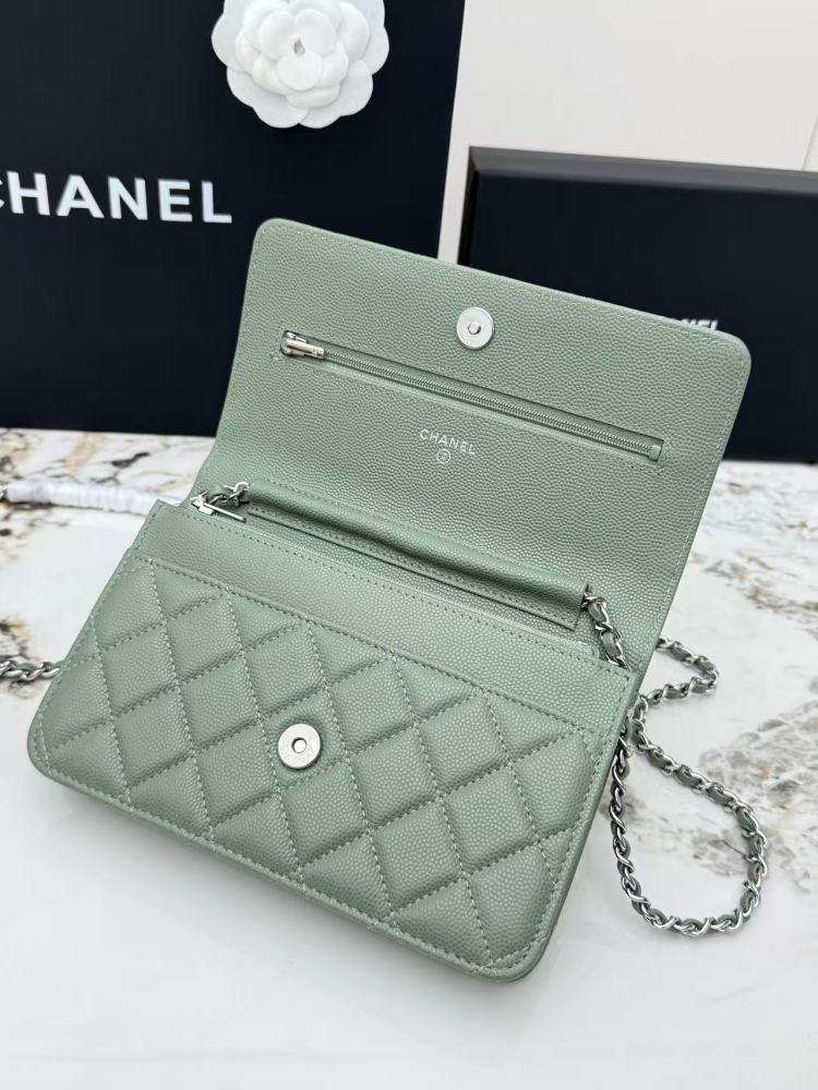 Chanel Wallet on Chain (WOC) crafted in sage green caviar leather with silver-tone hardware.