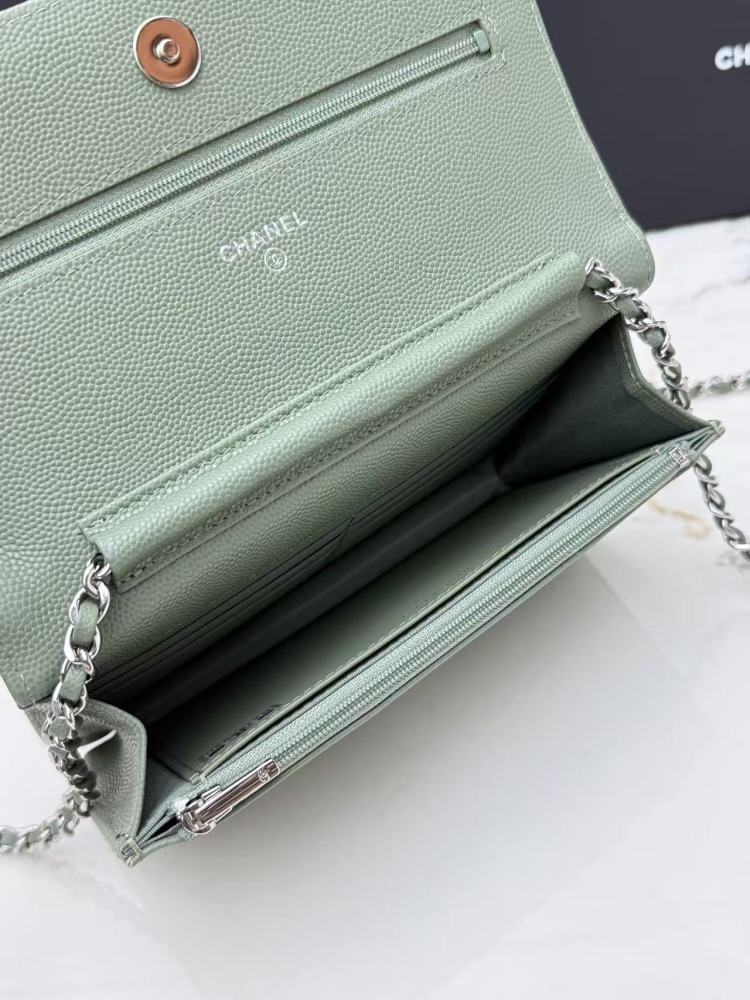 Chanel Wallet on Chain (WOC) crafted in sage green caviar leather with silver-tone hardware.