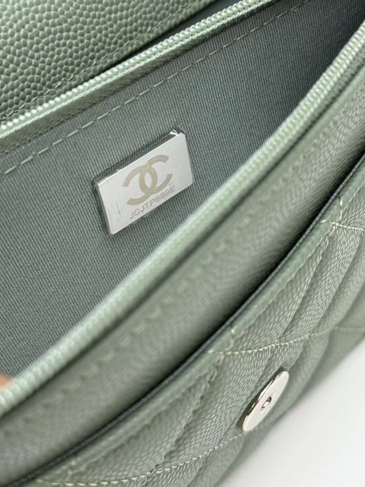 Chanel Wallet on Chain (WOC) crafted in sage green caviar leather with silver-tone hardware.