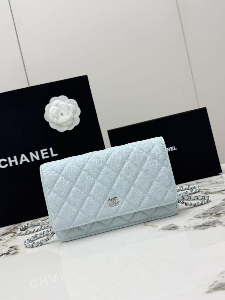 Chanel Wallet on Chain (WOC) crafted in ice blue caviar leather with silver-tone hardware.