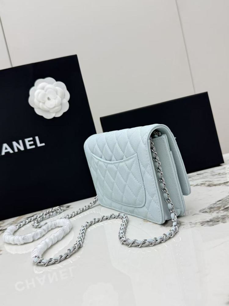 Chanel Wallet on Chain (WOC) crafted in ice blue caviar leather with silver-tone hardware.