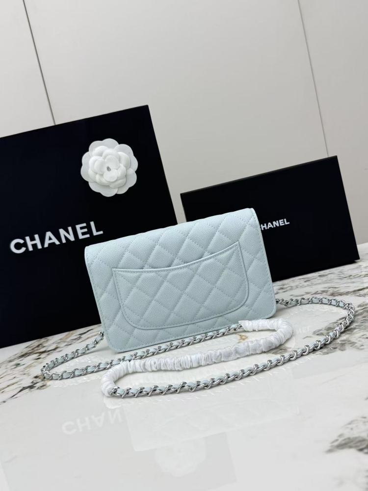 Chanel Wallet on Chain (WOC) crafted in ice blue caviar leather with silver-tone hardware.