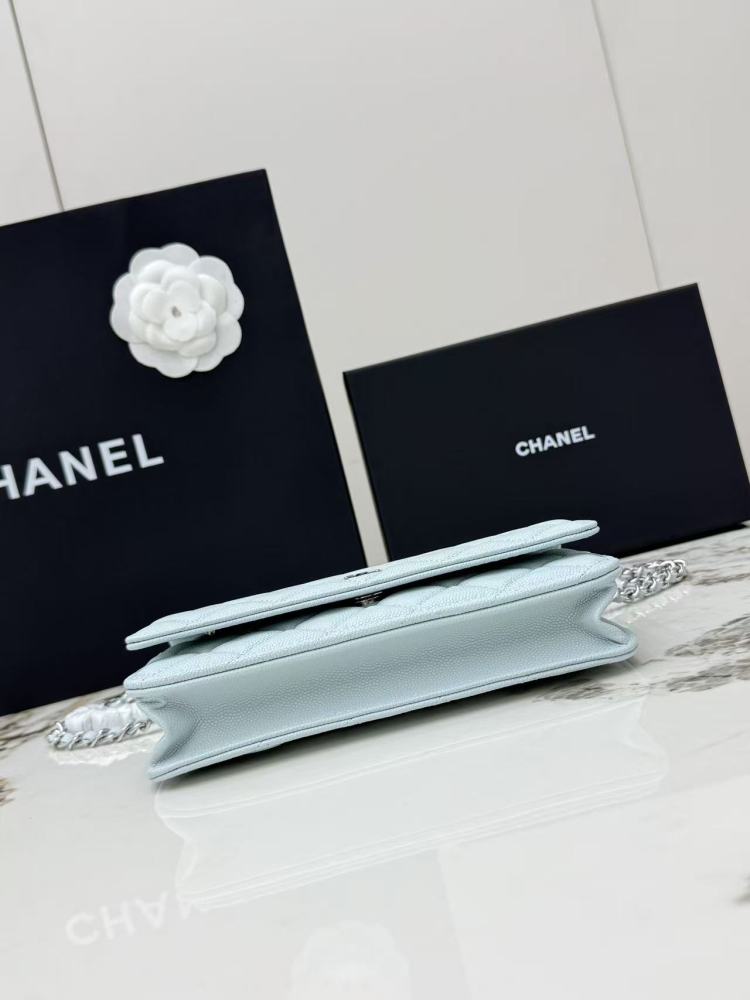 Chanel Wallet on Chain (WOC) crafted in ice blue caviar leather with silver-tone hardware.