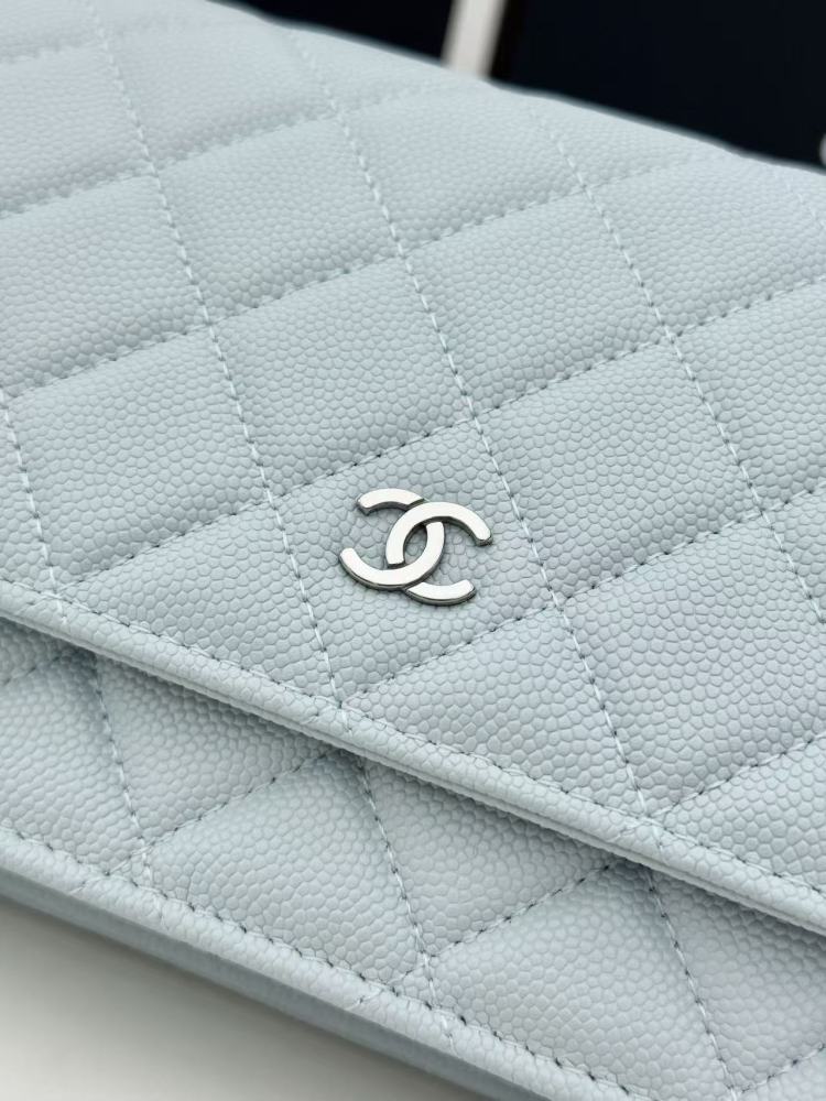 Chanel Wallet on Chain (WOC) crafted in ice blue caviar leather with silver-tone hardware.