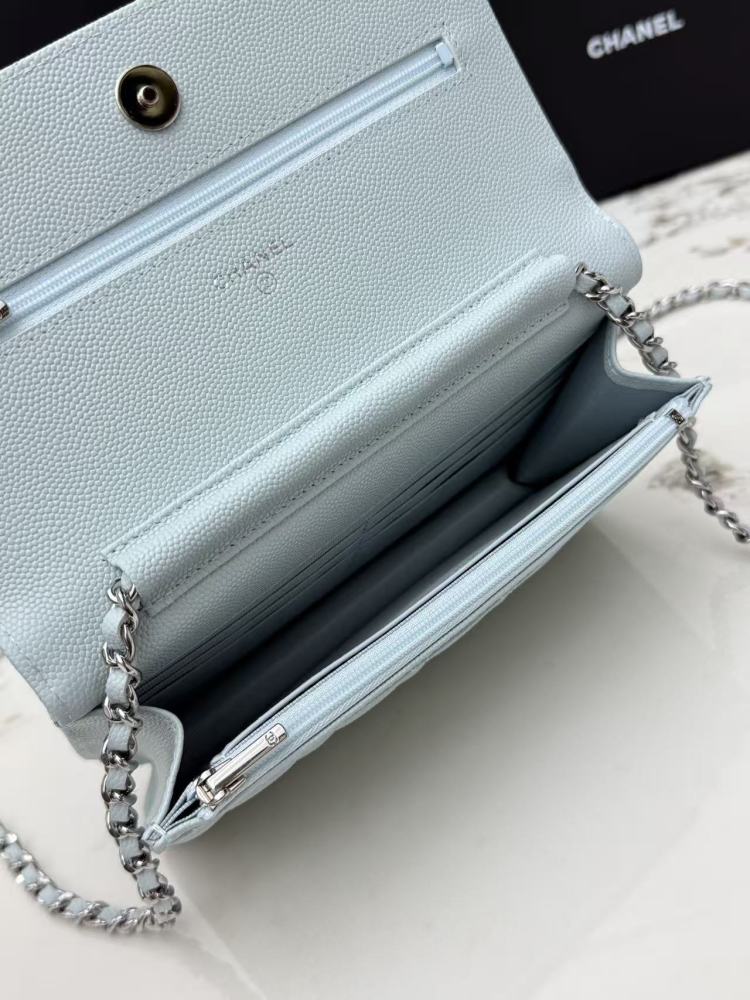 Chanel Wallet on Chain (WOC) crafted in ice blue caviar leather with silver-tone hardware.