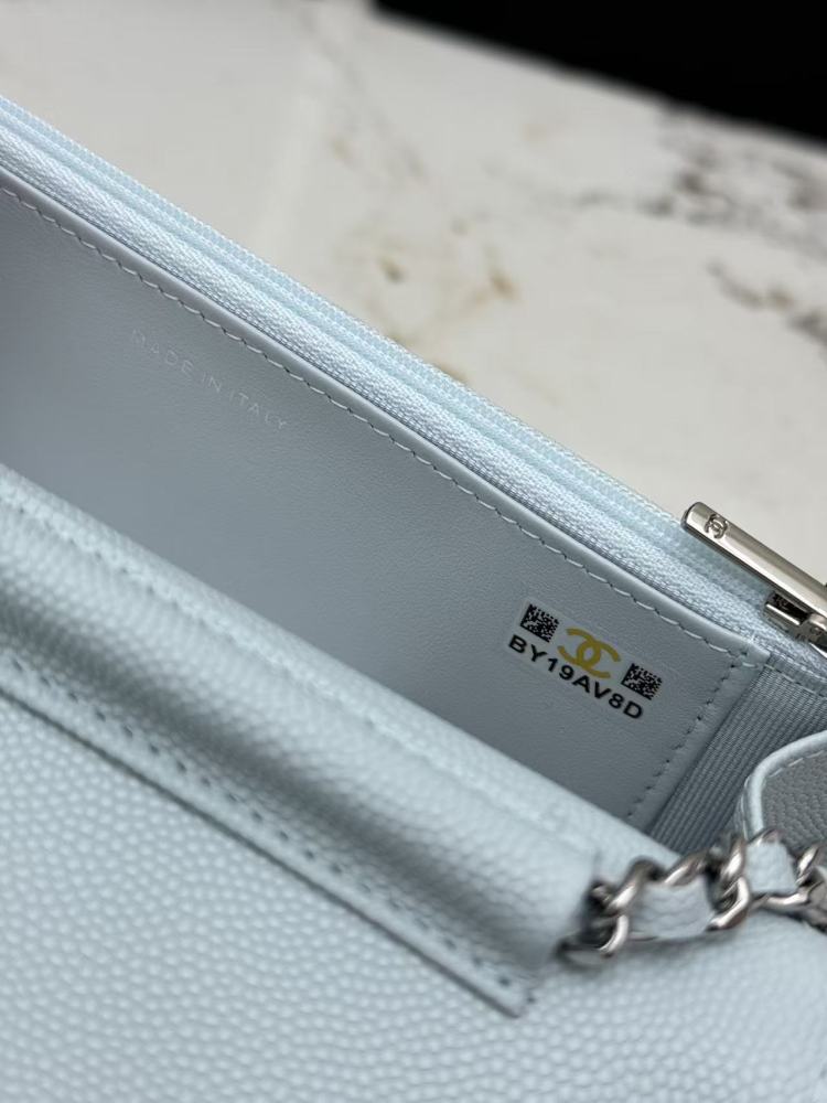 Chanel Wallet on Chain (WOC) crafted in ice blue caviar leather with silver-tone hardware.