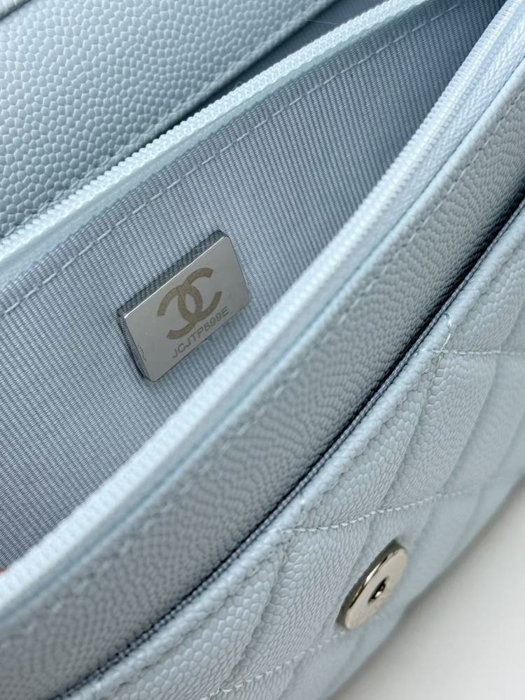 Chanel Wallet on Chain (WOC) crafted in ice blue caviar leather with silver-tone hardware.