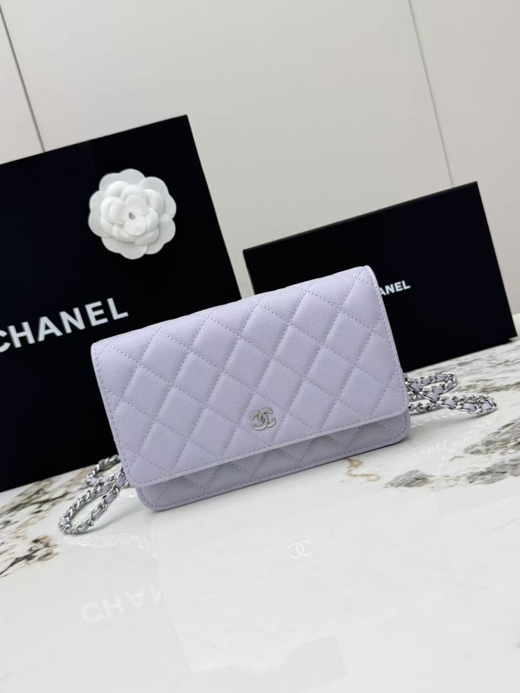 Chanel Wallet on Chain (WOC) crafted in lavender caviar leather with silver-tone hardware.