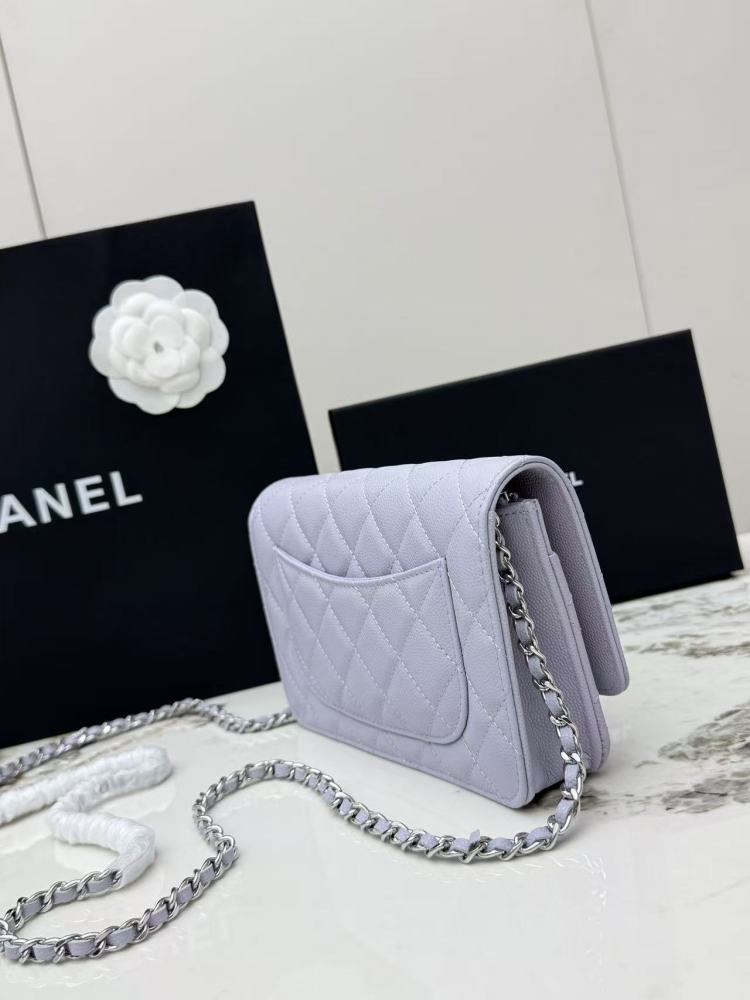 Chanel Wallet on Chain (WOC) crafted in lavender caviar leather with silver-tone hardware.