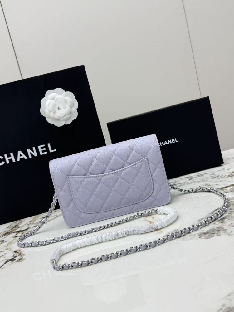 Chanel Wallet on Chain (WOC) crafted in lavender caviar leather with silver-tone hardware.