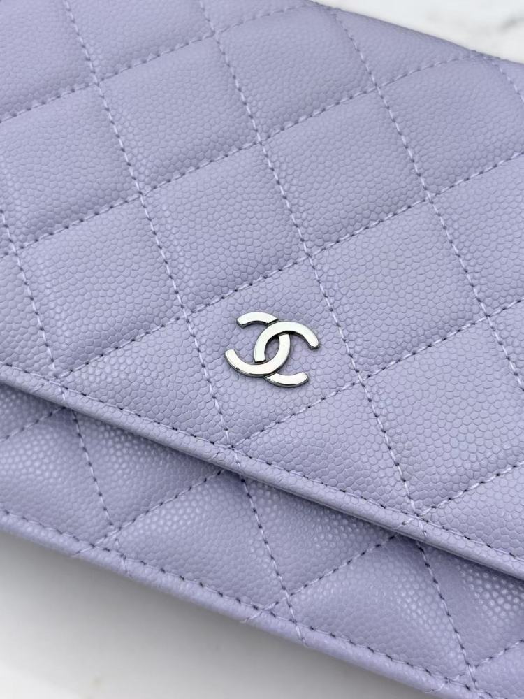 Chanel Wallet on Chain (WOC) crafted in lavender caviar leather with silver-tone hardware.