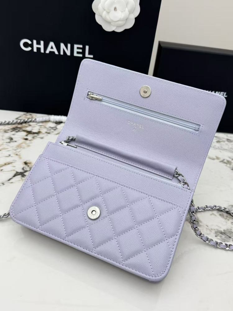 Chanel Wallet on Chain (WOC) crafted in lavender caviar leather with silver-tone hardware.
