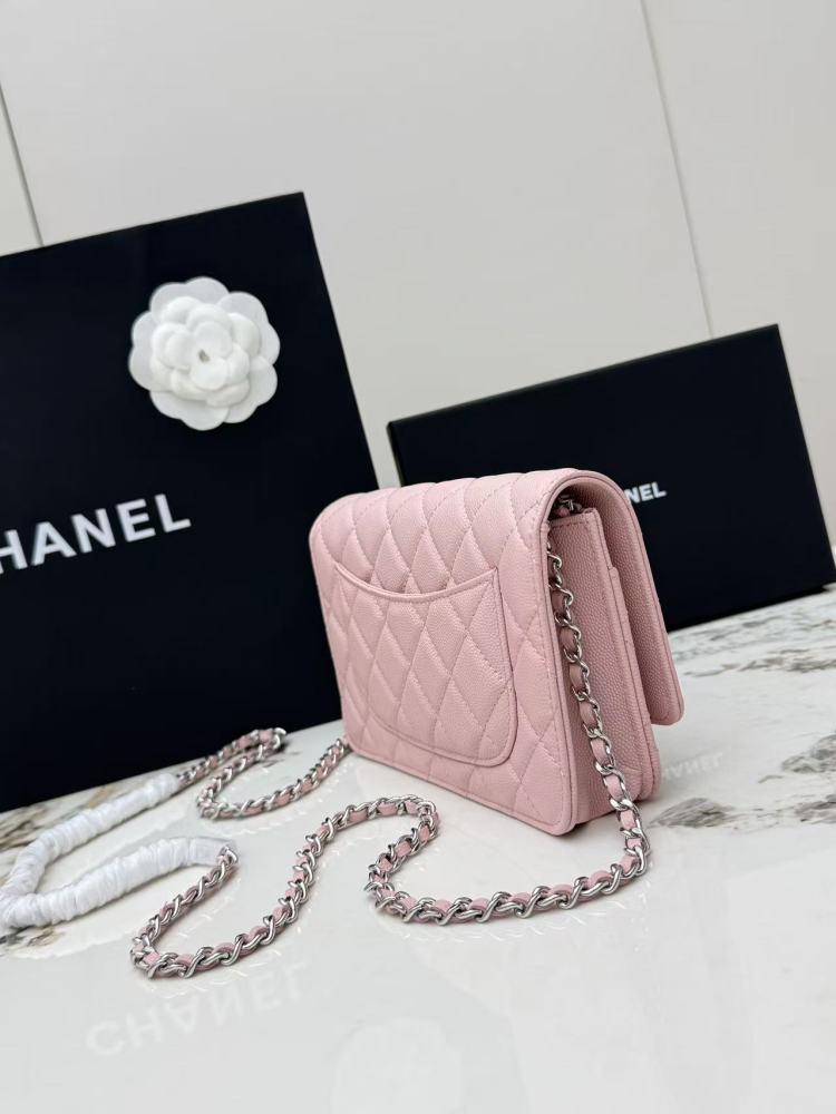 Chanel Wallet on Chain (WOC) crafted in cherry blossom pink caviar leather with silver-tone