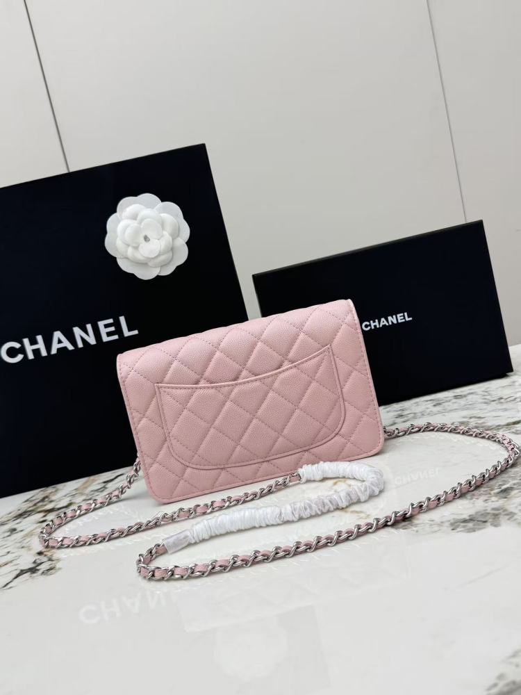 Chanel Wallet on Chain (WOC) crafted in cherry blossom pink caviar leather with silver-tone