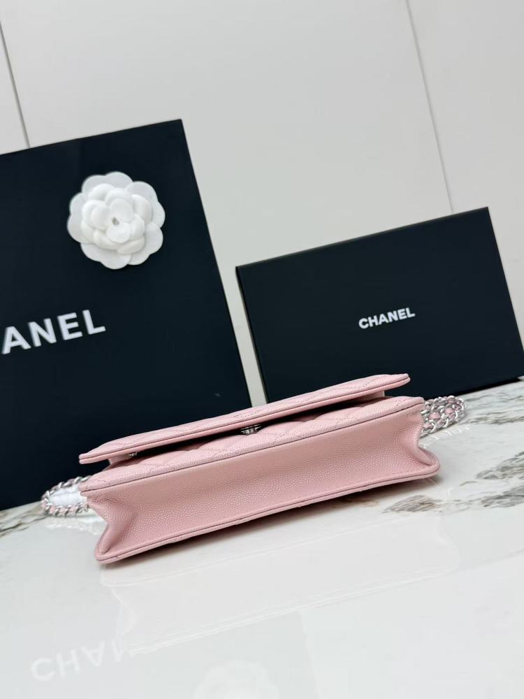 Chanel Wallet on Chain (WOC) crafted in cherry blossom pink caviar leather with silver-tone