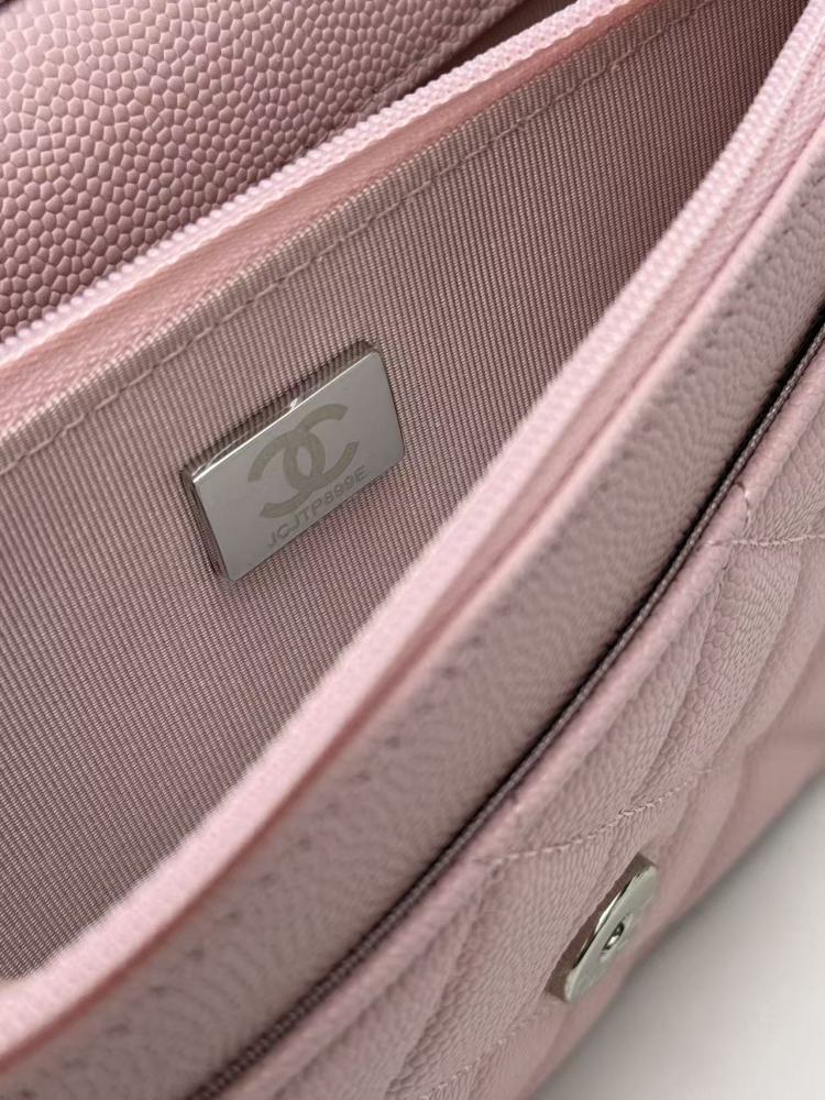 Chanel Wallet on Chain (WOC) crafted in cherry blossom pink caviar leather with silver-tone