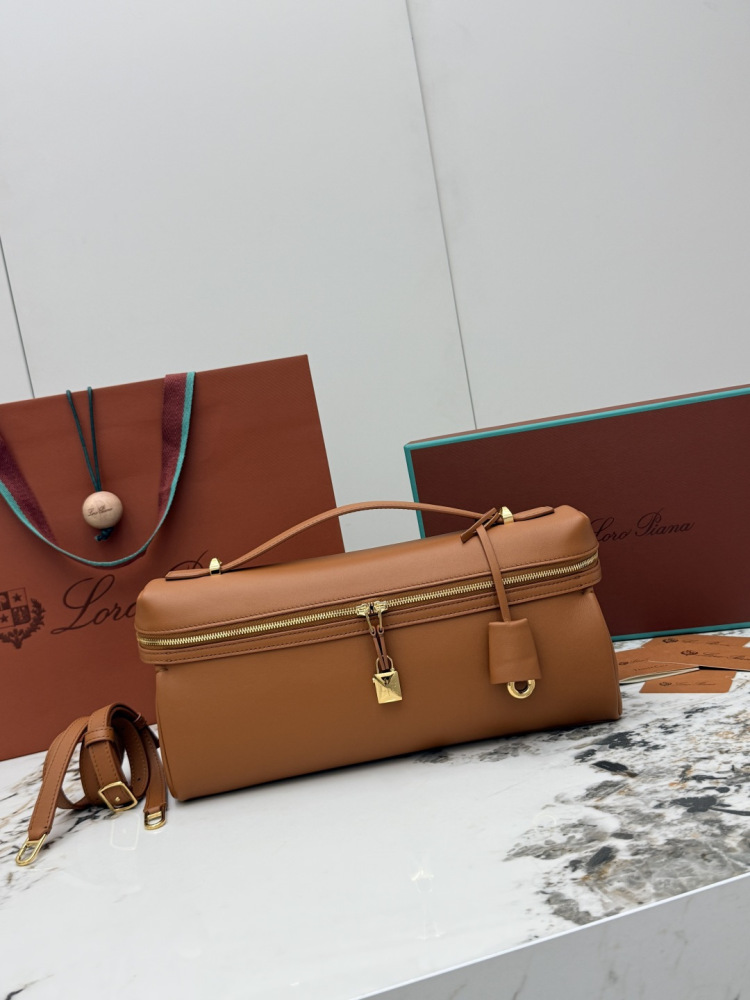 Loro Piana Extra Softy Bag LP33, also known as the "Lunch Box Bag", crafted in warm brown smooth leather with gold-tone hardware.
