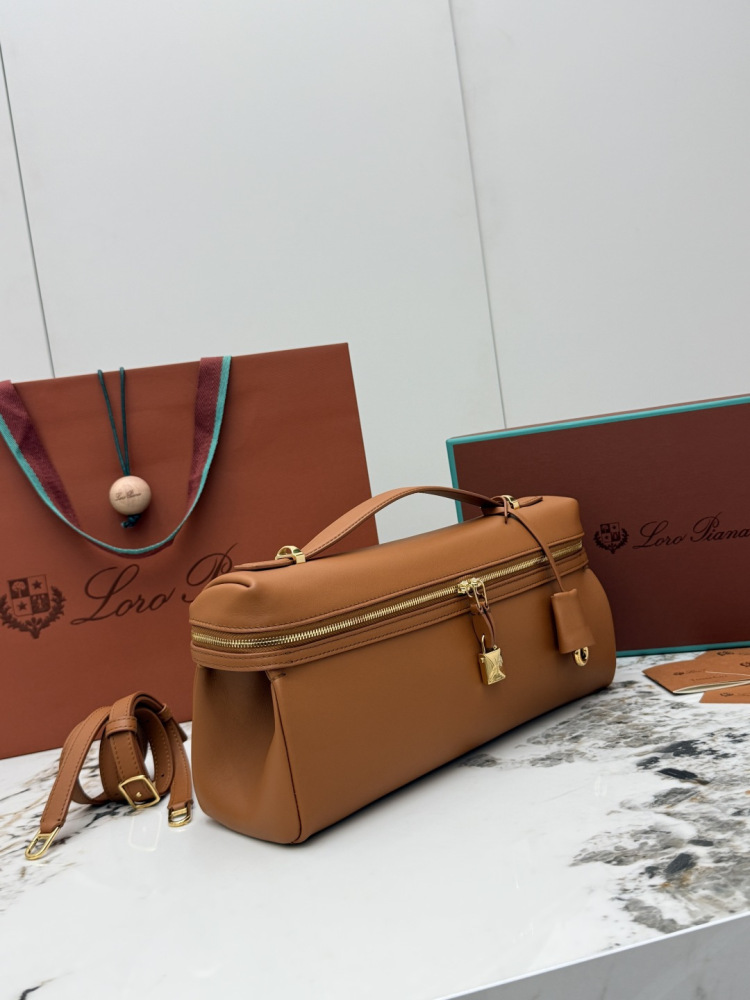 Loro Piana Extra Softy Bag LP33, also known as the "Lunch Box Bag", crafted in warm brown smooth leather with gold-tone hardware.