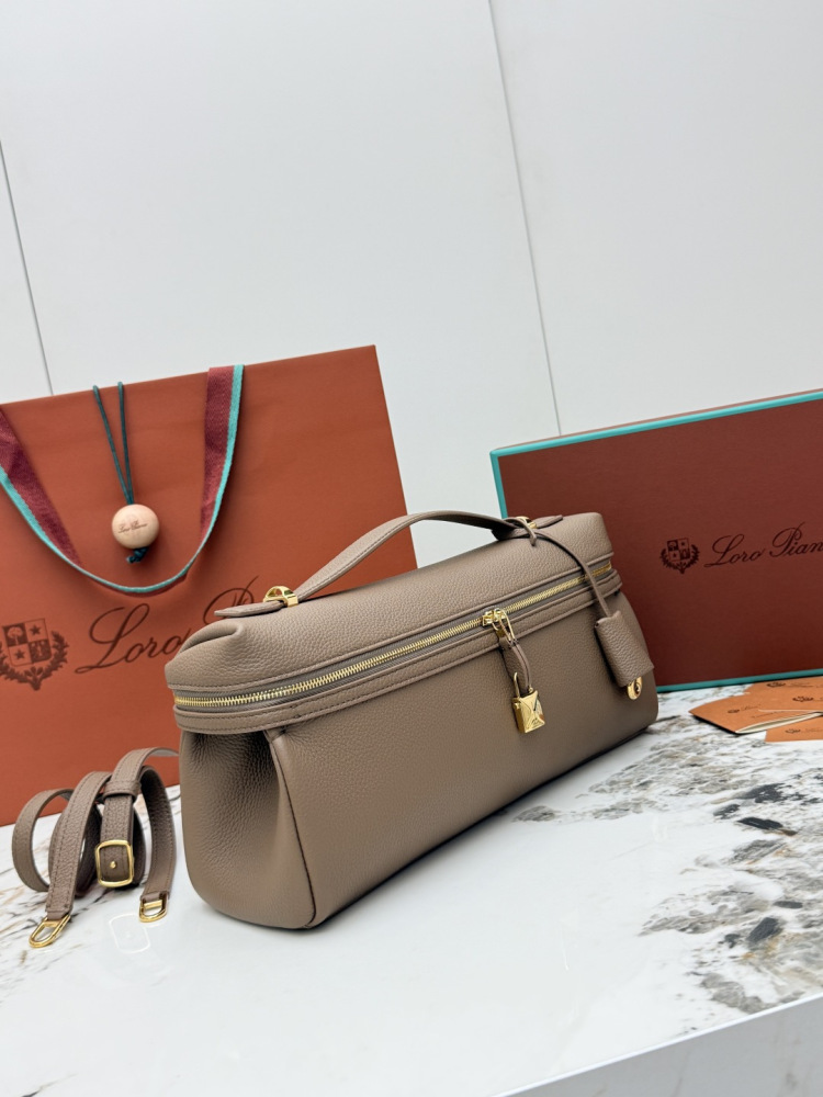 Loro Piana Extra Pocket L19 handbag, crafted in elephant grey grained leather with gold-tone hardware.