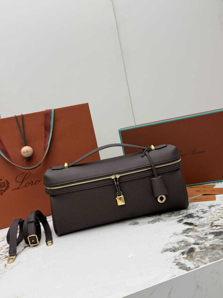 Loro Piana Extra Pocket handbag, crafted in dark brown grained leather with gold-tone hardware.