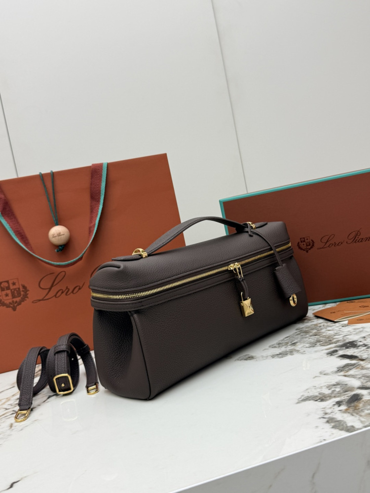 Loro Piana Extra Pocket handbag, crafted in dark brown grained leather with gold-tone hardware.