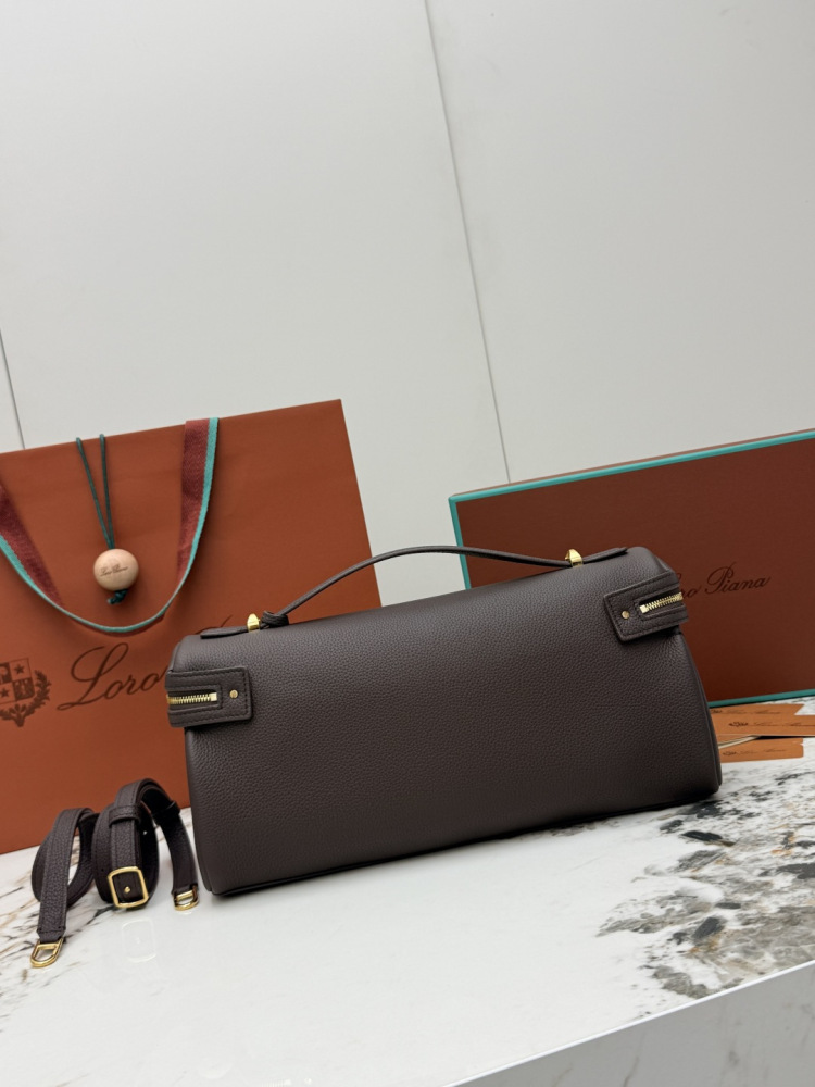 Loro Piana Extra Pocket handbag, crafted in dark brown grained leather with gold-tone hardware.