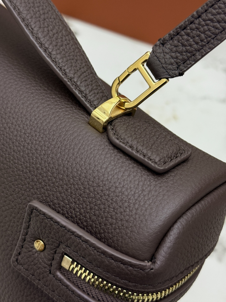 Loro Piana Extra Pocket handbag, crafted in dark brown grained leather with gold-tone hardware.