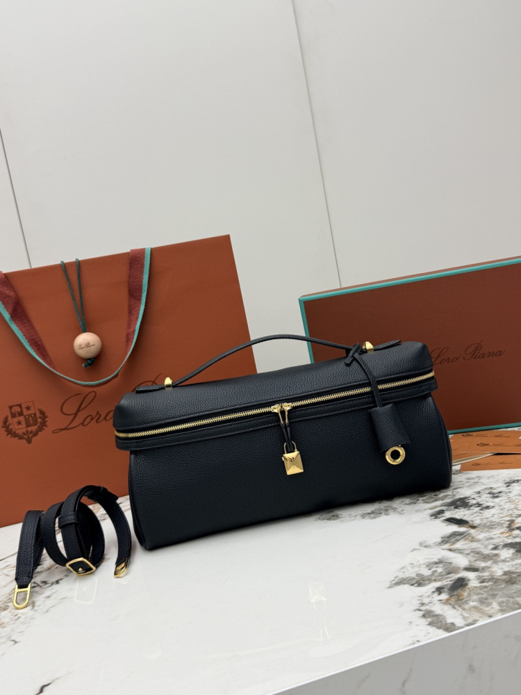 Loro Piana Extra Pocket L19 handbag, crafted in black grained leather with gold-tone hardware.