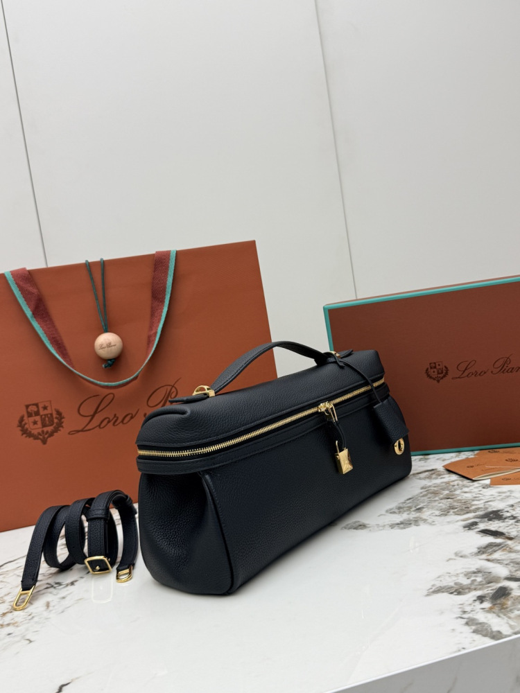 Loro Piana Extra Pocket L19 handbag, crafted in black grained leather with gold-tone hardware.